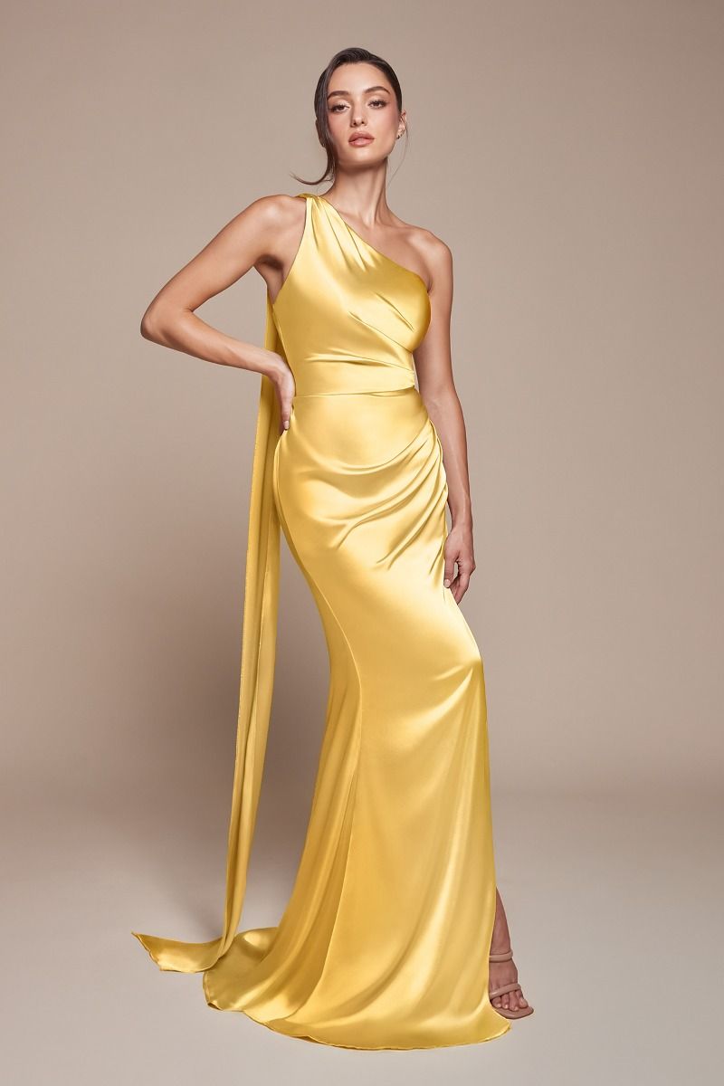 Elegant Wrap Halter Satin Gown with One Shoulder and Slit (7454)