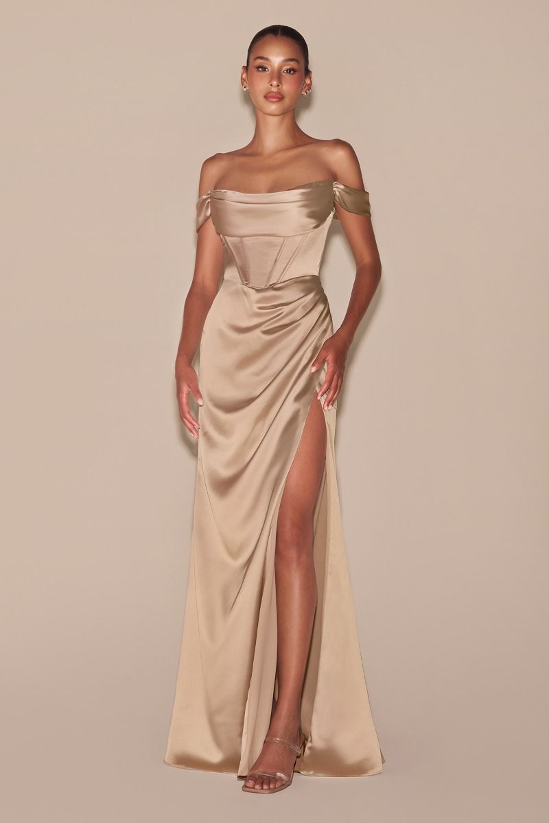 Elegant Off the Shoulder Satin Gown with Pleated Bodice and Slit (7492C)