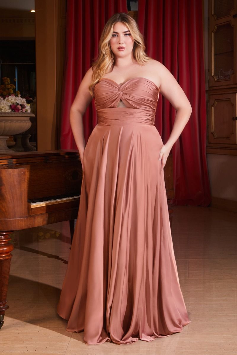 Refined Strapless Satin A Line Dress with Keyhole Waist Detail (7496C)