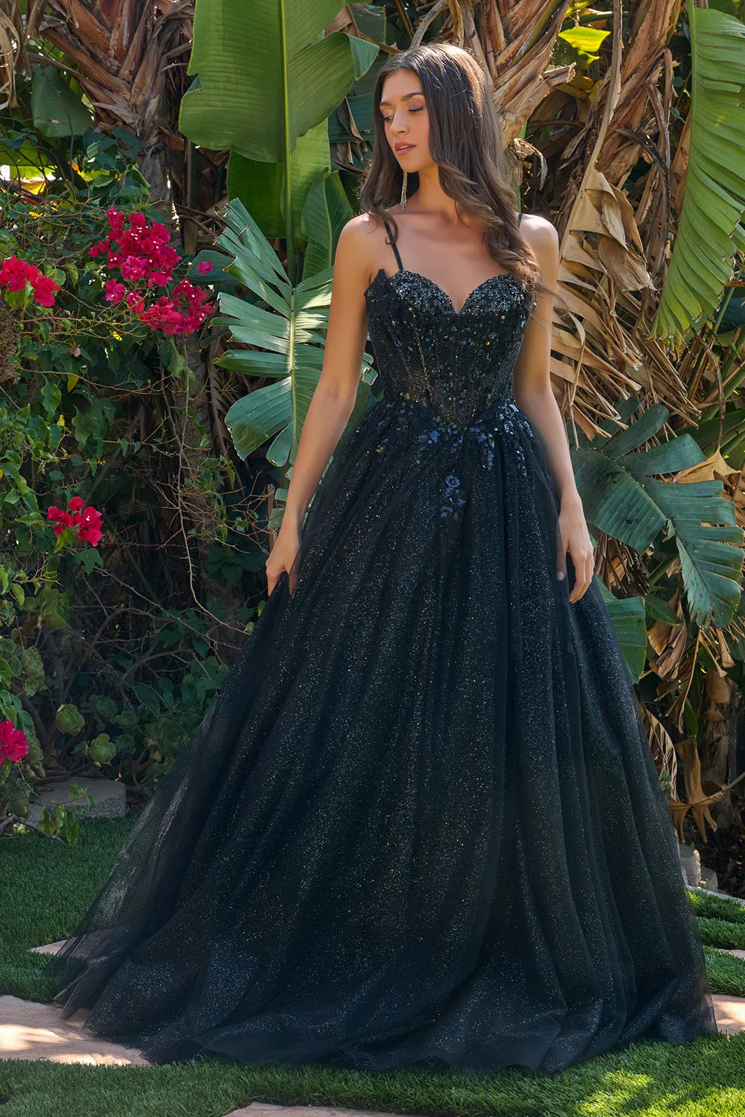 Glitter Corset Overlay A-Line Dress with Spaghetti Straps and V-Neckline (GL3750)