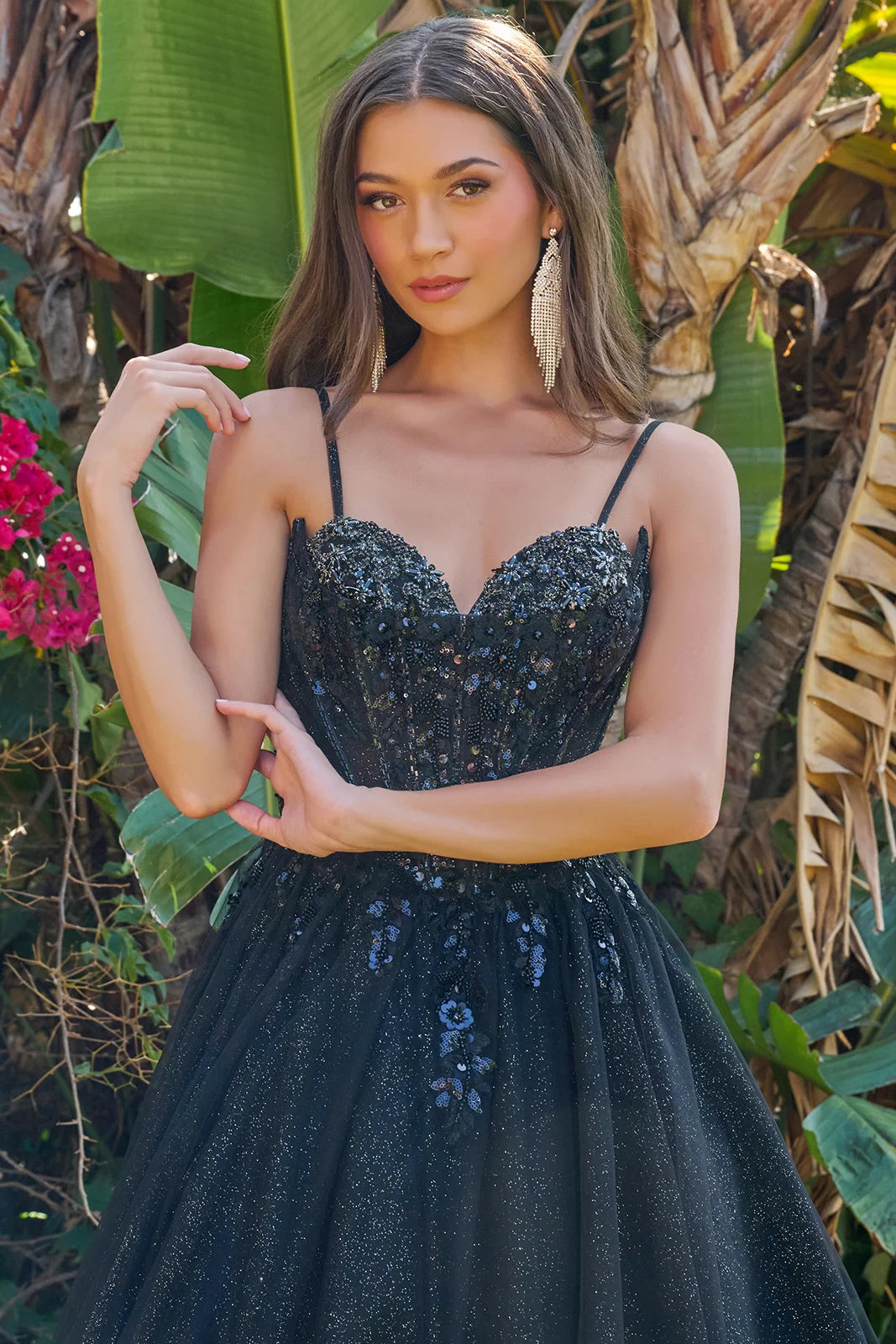 Glitter Corset Overlay A-Line Dress with Spaghetti Straps and V-Neckline (GL3750)