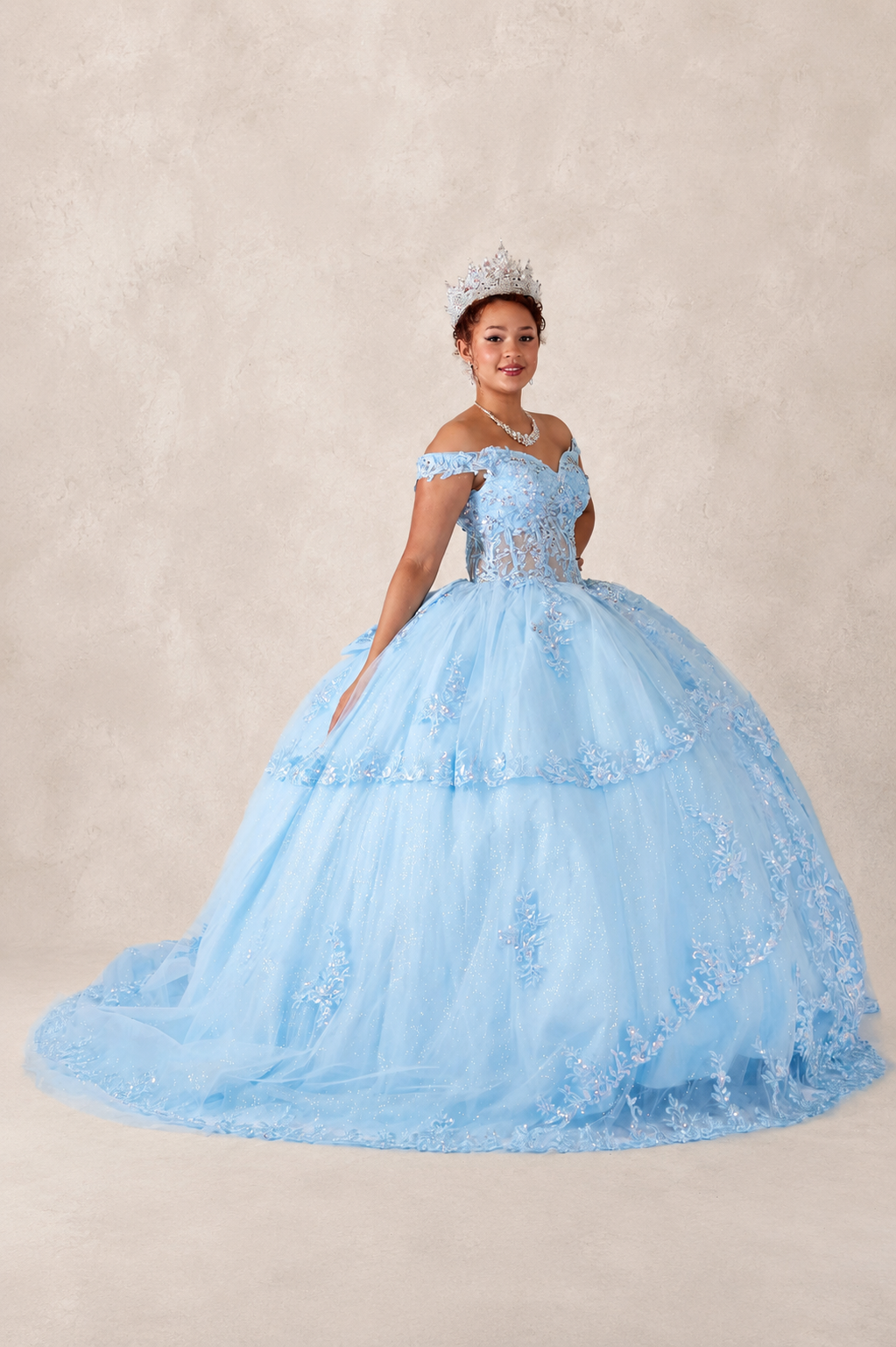 Regal Off-Shoulder Embroidered Ball Gown with Layered Overskirt (SCL-30040)