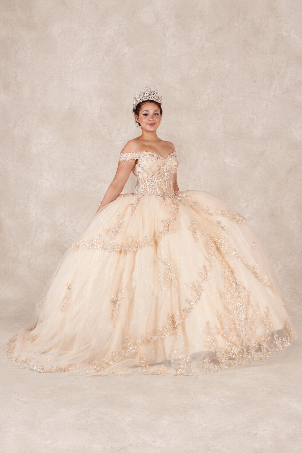 Regal Off-Shoulder Embroidered Ball Gown with Layered Overskirt (SCL-30040)