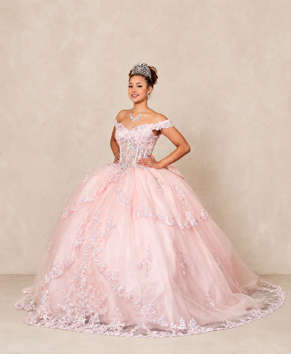 Regal Off-Shoulder Embroidered Ball Gown with Layered Overskirt (SCL-30040)