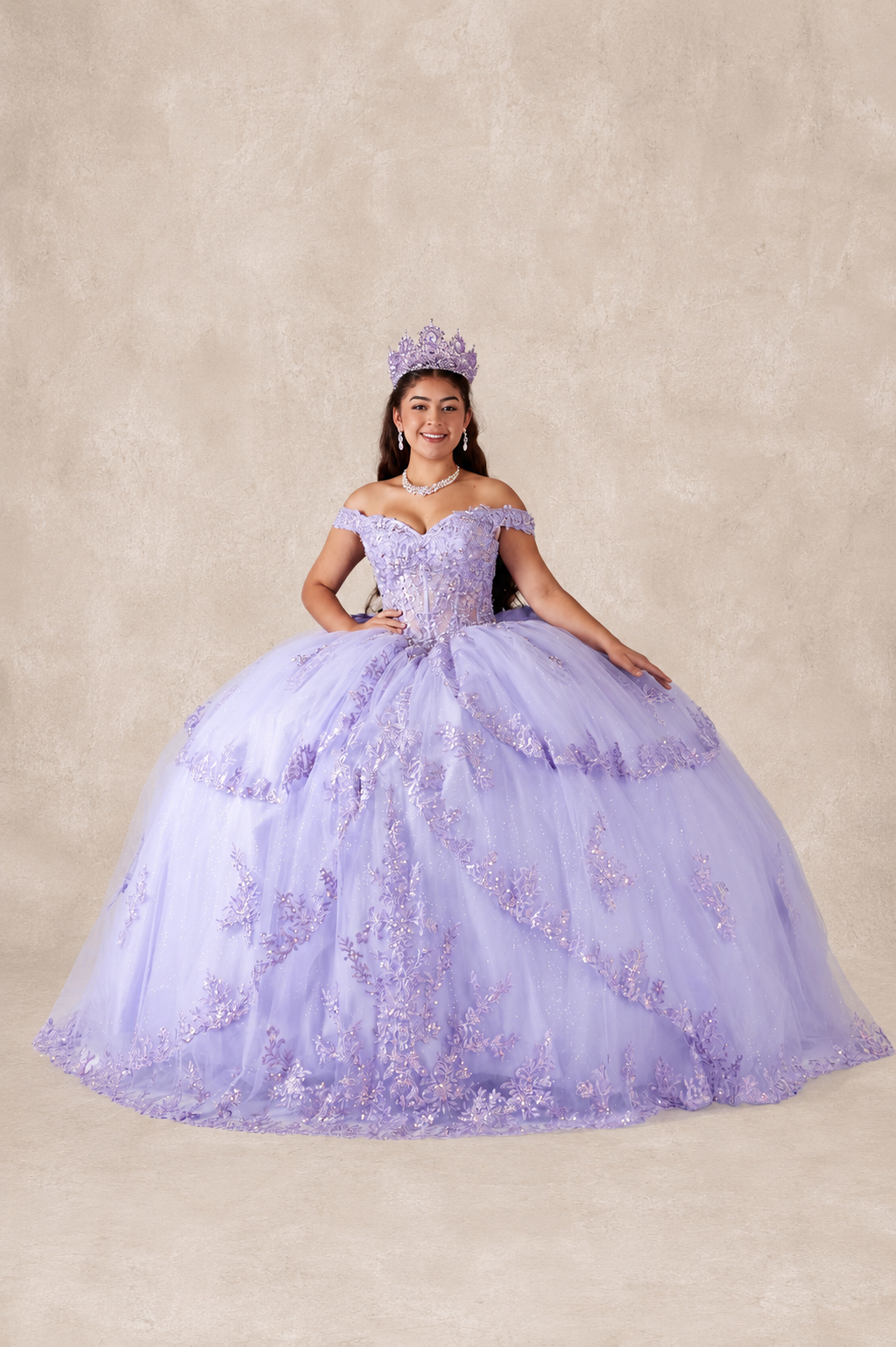 Regal Off-Shoulder Embroidered Ball Gown with Layered Overskirt (SCL-30040)