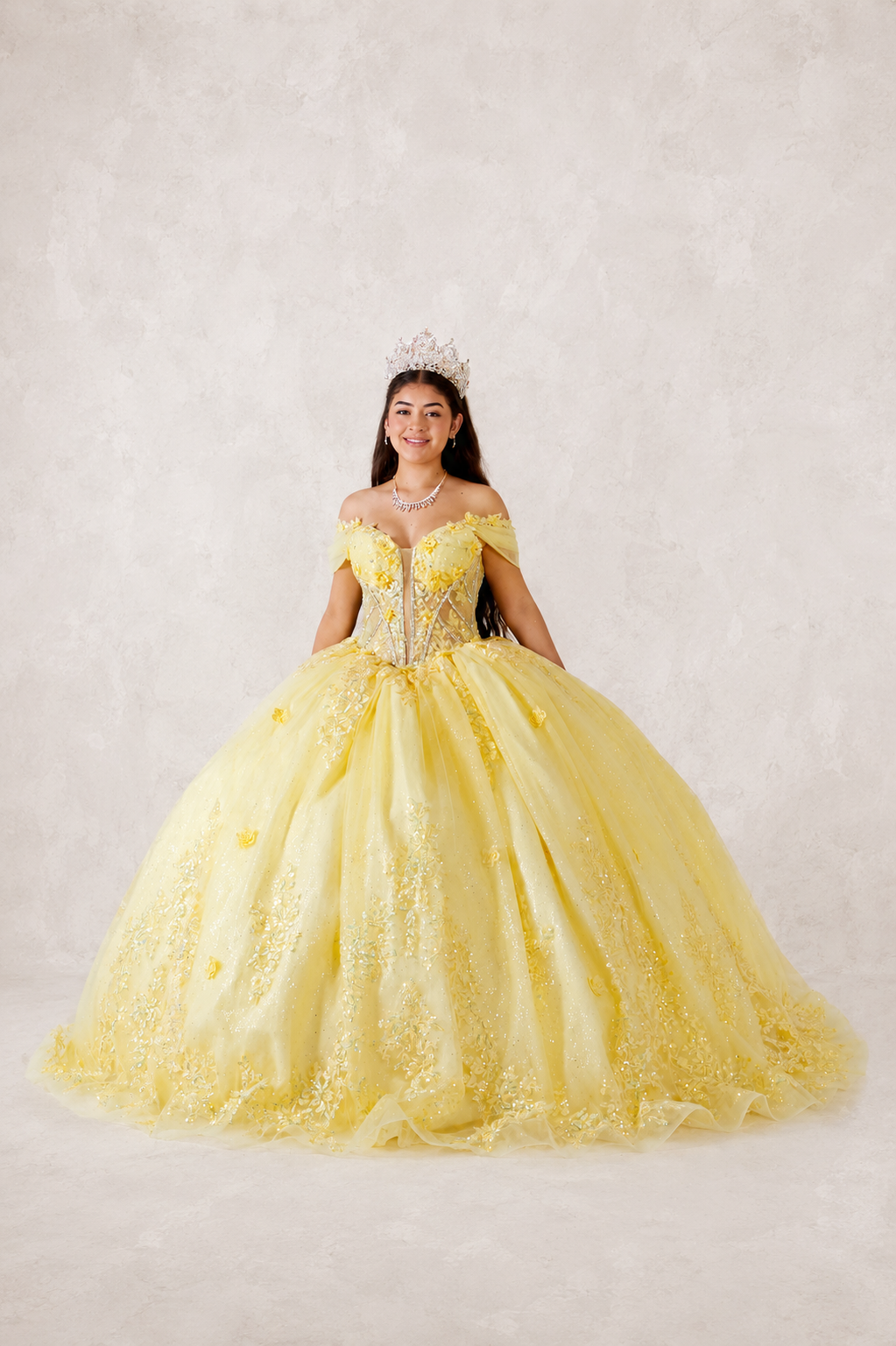 Enchanted Off-Shoulder Glitter Ball Gown with Embellished Corset Bodice (SCL-30042)