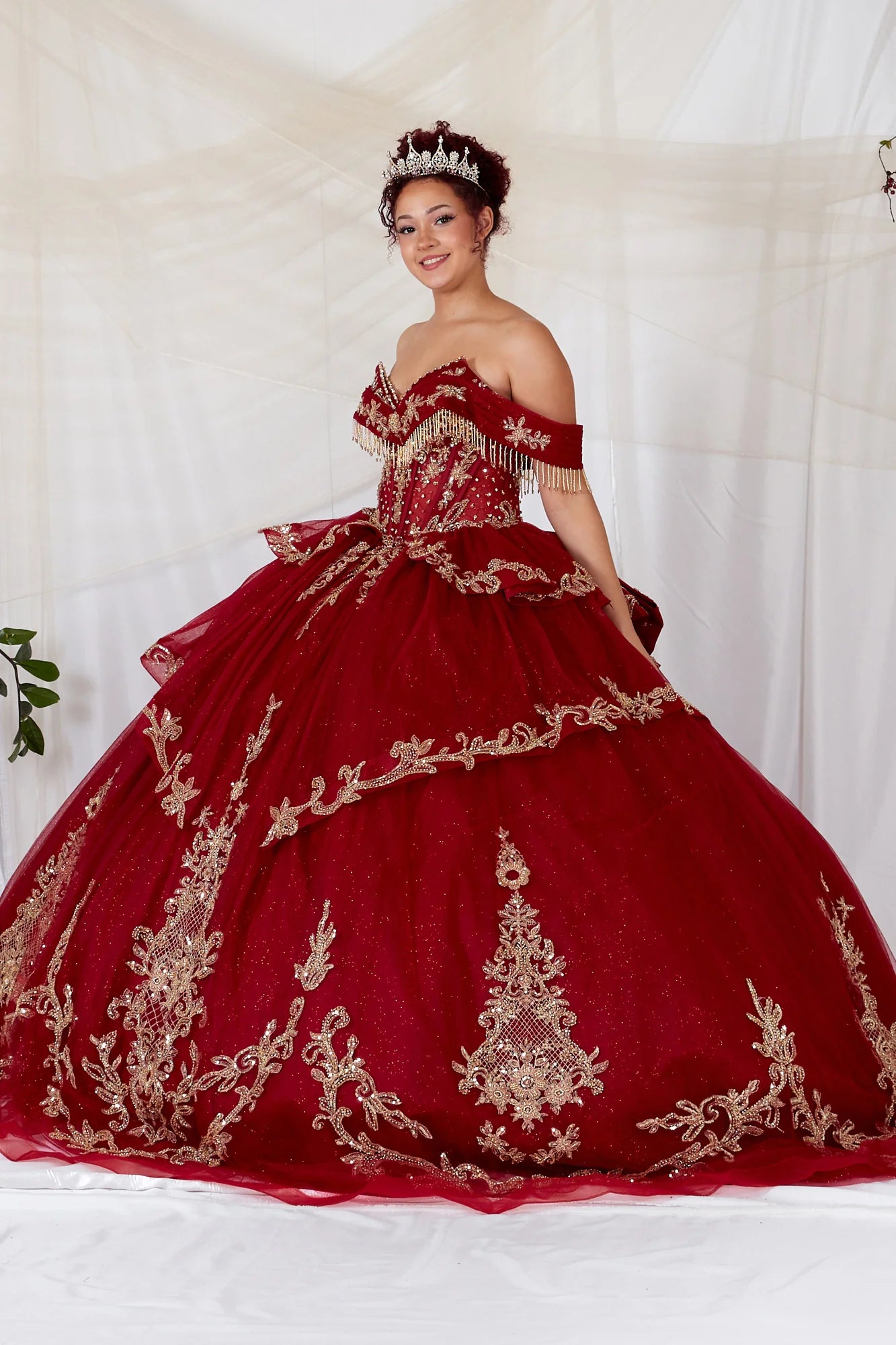 Regal Off-the-Shoulder Glitter Ball Gown with Ornate Embroidery and Statement Bow (SCL-30048)