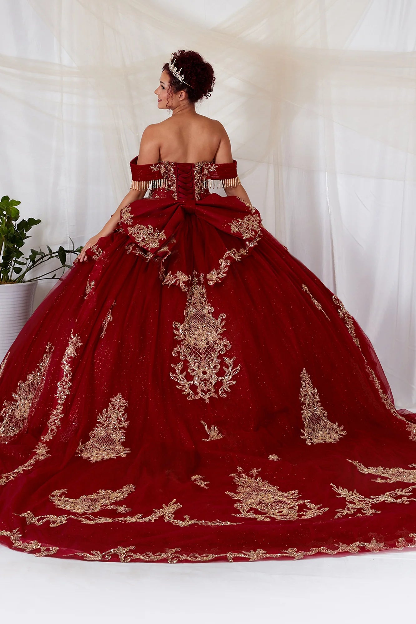 Regal Off-the-Shoulder Glitter Ball Gown with Ornate Embroidery and Statement Bow (SCL-30048)
