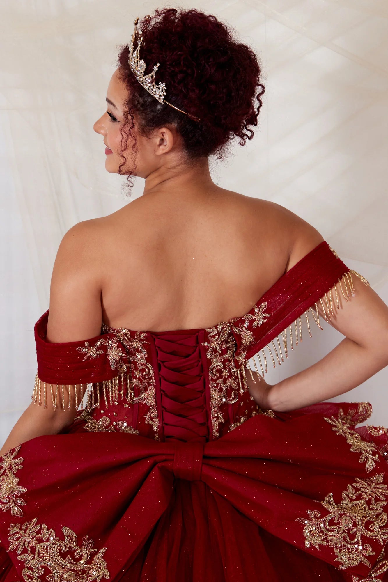 Regal Off-the-Shoulder Glitter Ball Gown with Ornate Embroidery and Statement Bow (SCL-30048)