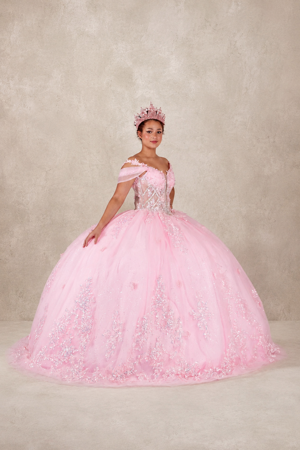 Enchanted Off-Shoulder Glitter Ball Gown with Embellished Corset Bodice (SCL-30042)