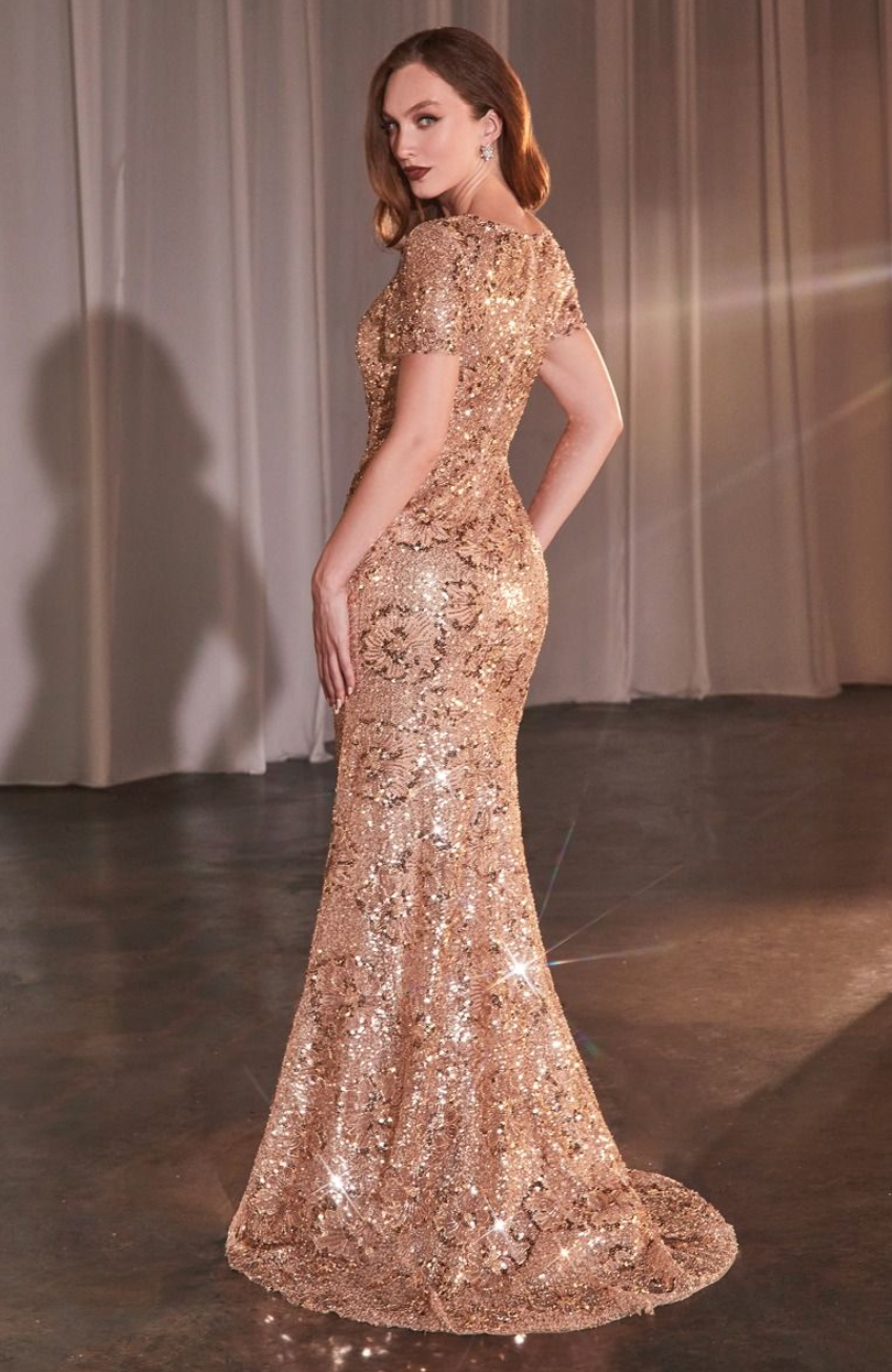 Elegant High Neck Sequin Gown with Short Sleeves and Flare (CC3700)