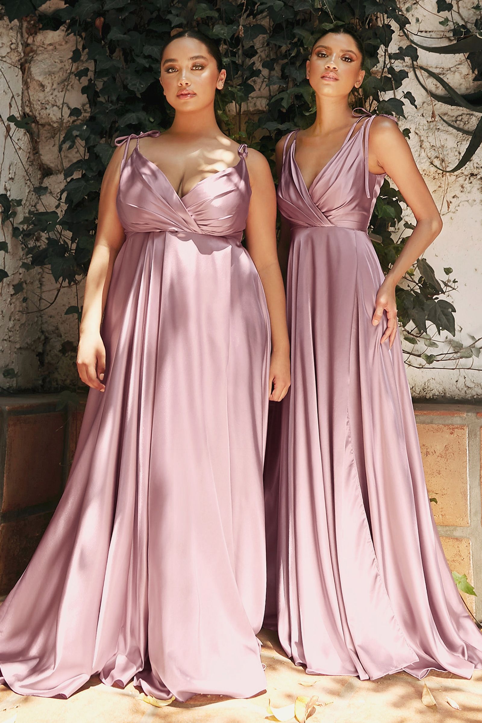Elegant Plunging Satin A-Line Gown with Thin Straps and Slit (BD105)