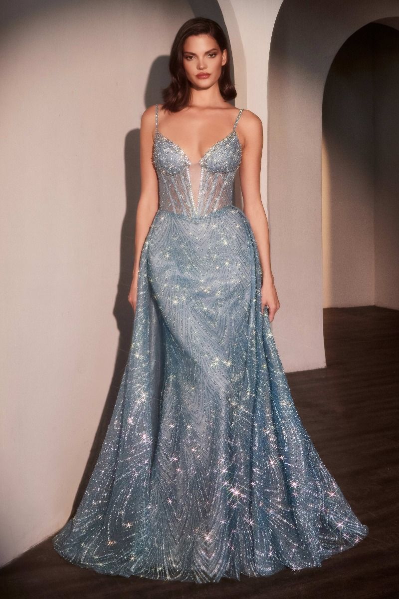 Radiant Plunging Crystal Corset with Fitted Glitter Tulle Overskirt (C167)