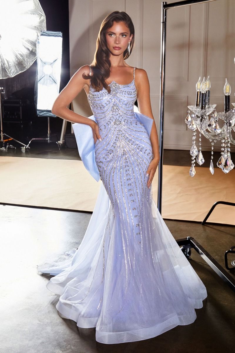 Fully Beaded Fitted Gown with Sculptural Lines and Bow Train (CB167)