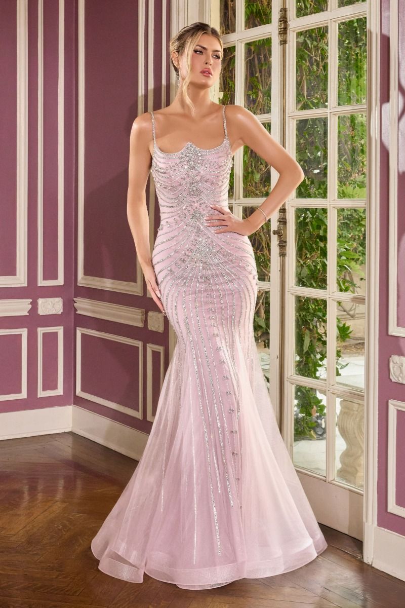 Fully Beaded Fitted Gown with Sculptural Lines and Bow Train (CB167)