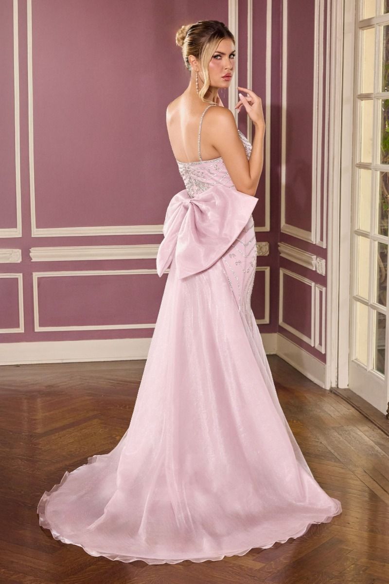 Fully Beaded Fitted Gown with Sculptural Lines and Bow Train (CB167)