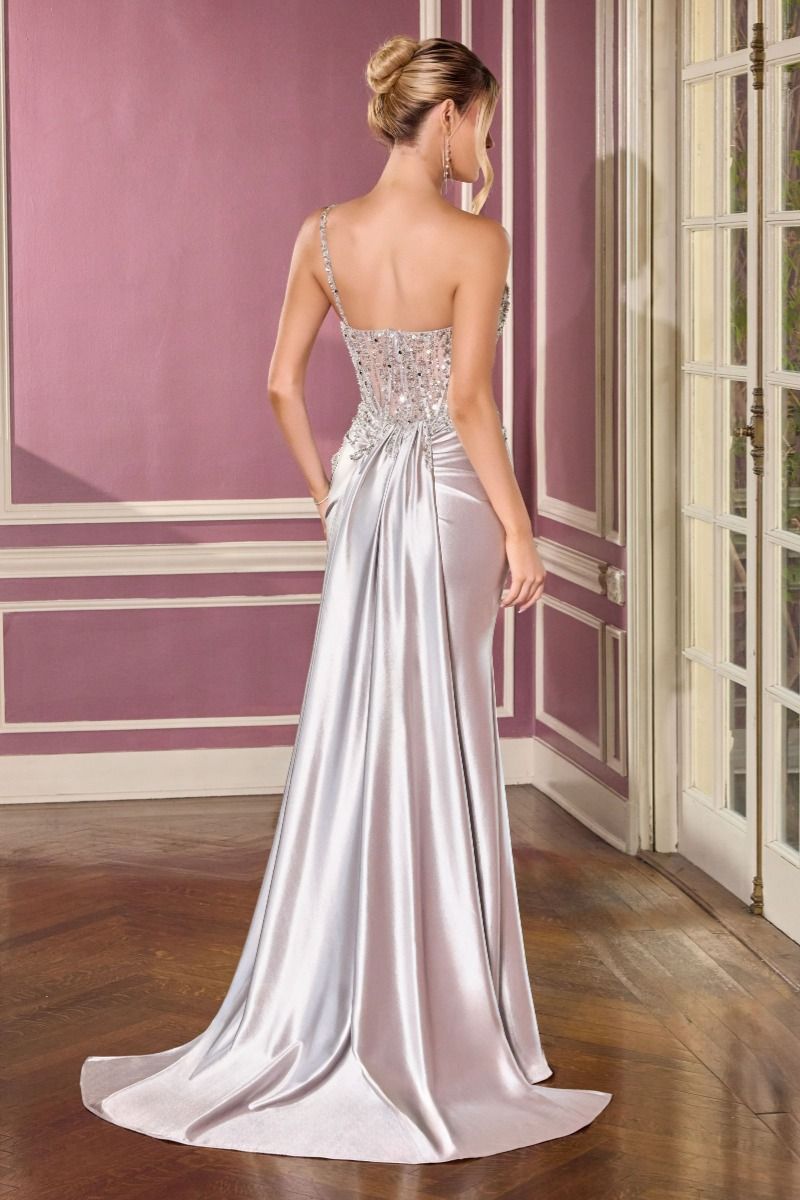 Opulent Asymmetrical Beaded Corset with Satin Slit Gown (CC0329)
