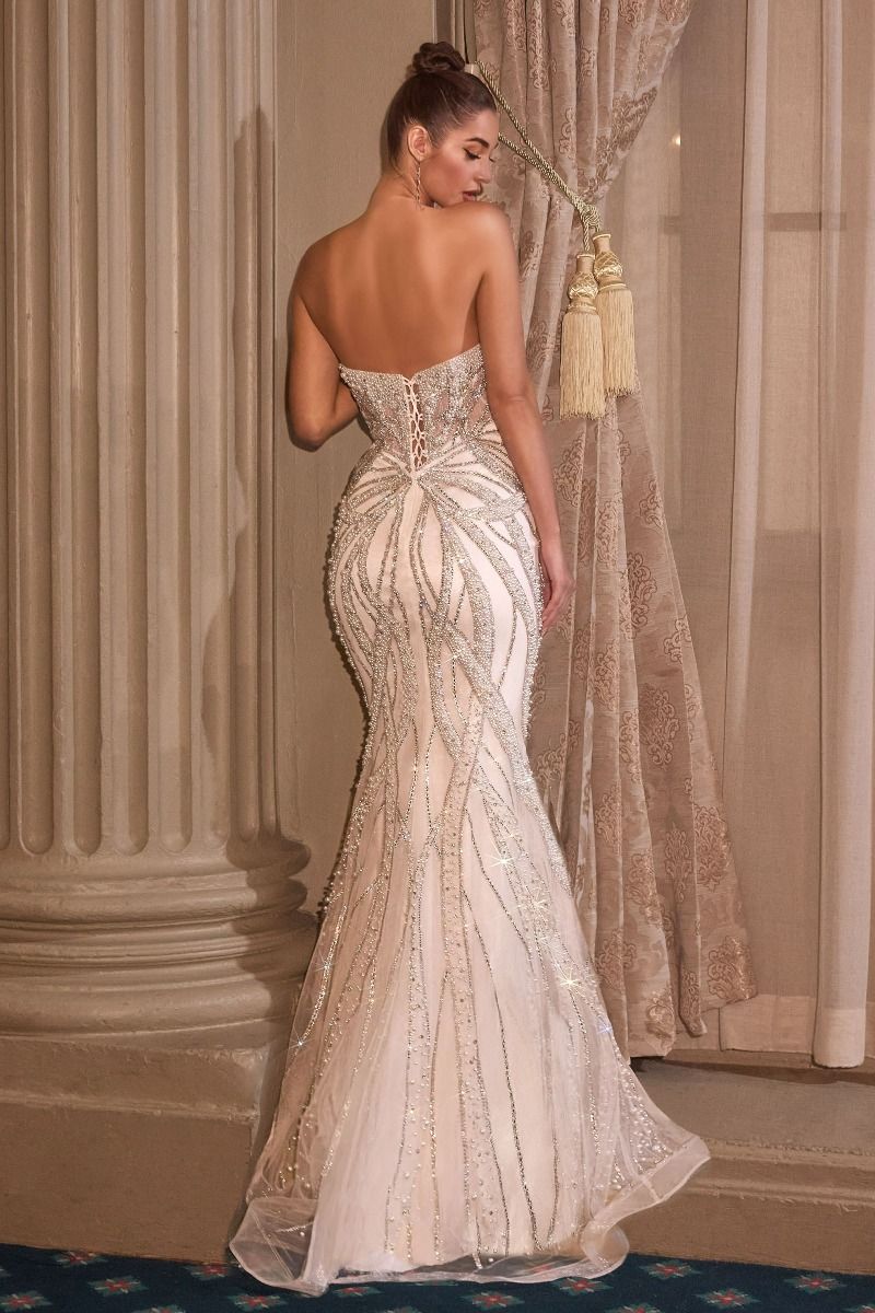 Elegant Fitted Bridal Gown With Pearl & Crystal Embellished Contouring Motif (CC0688W)