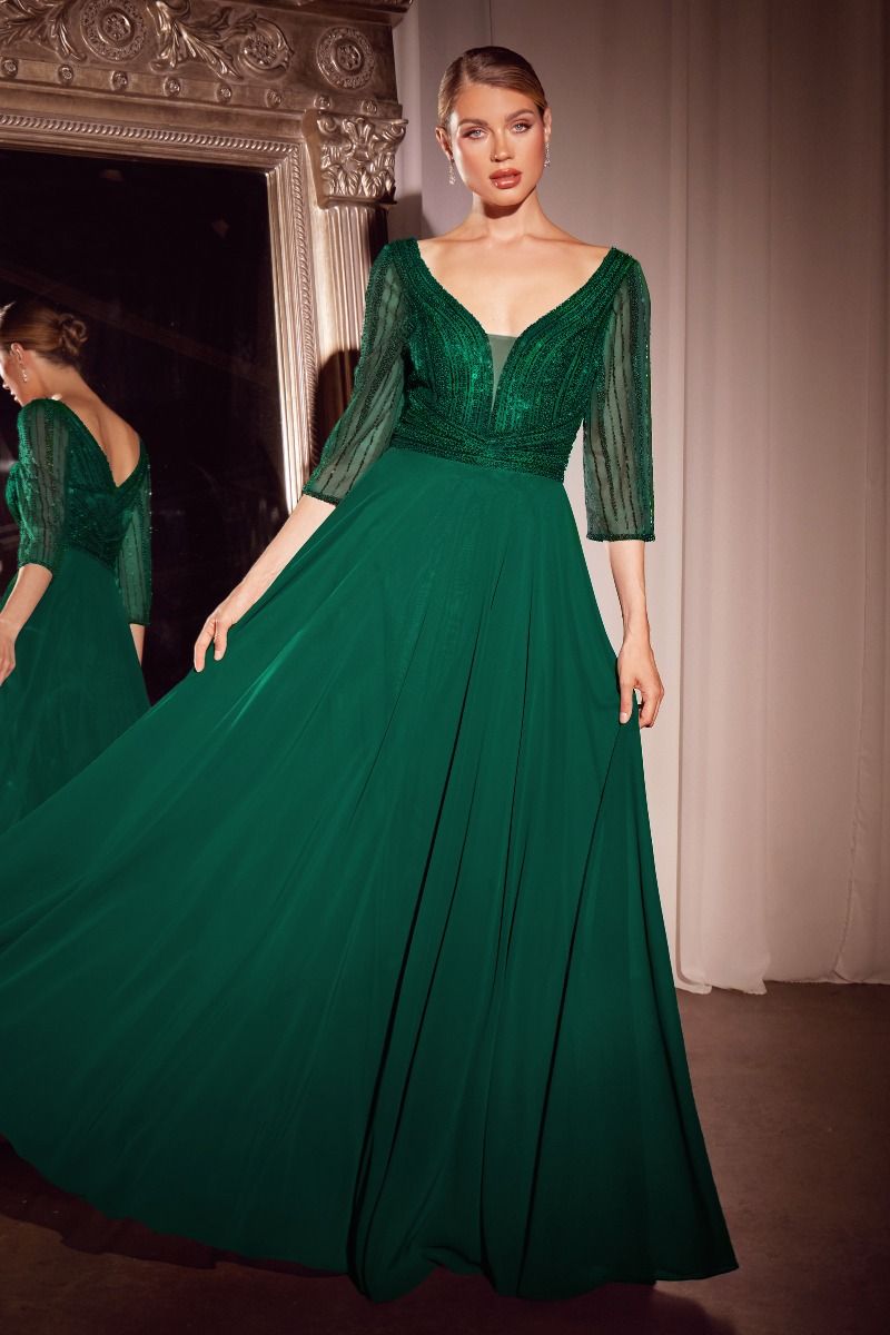 Three Quarter Sleeve Beaded Chiffon Dress (CC446)