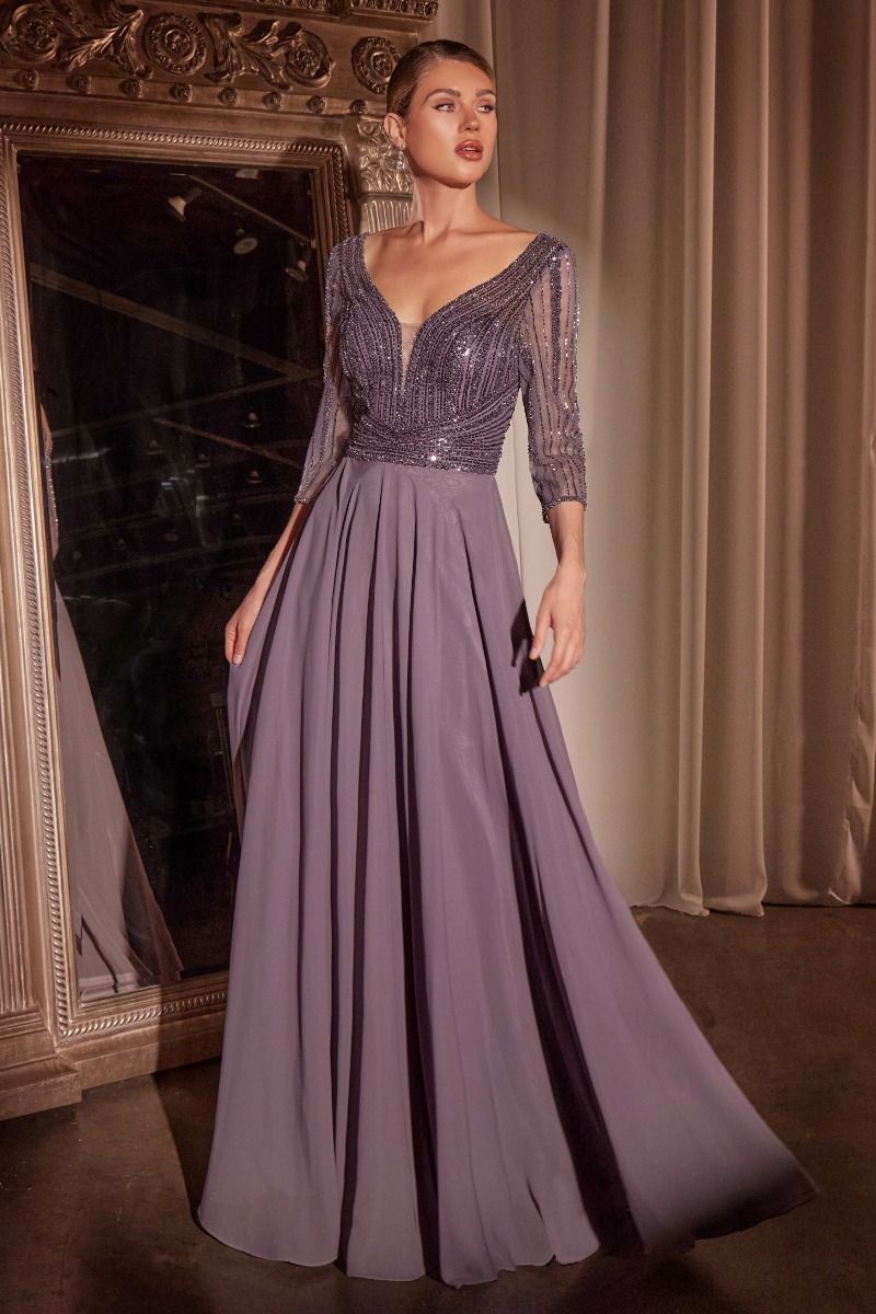 Three Quarter Sleeve Beaded Chiffon Dress (CC446)