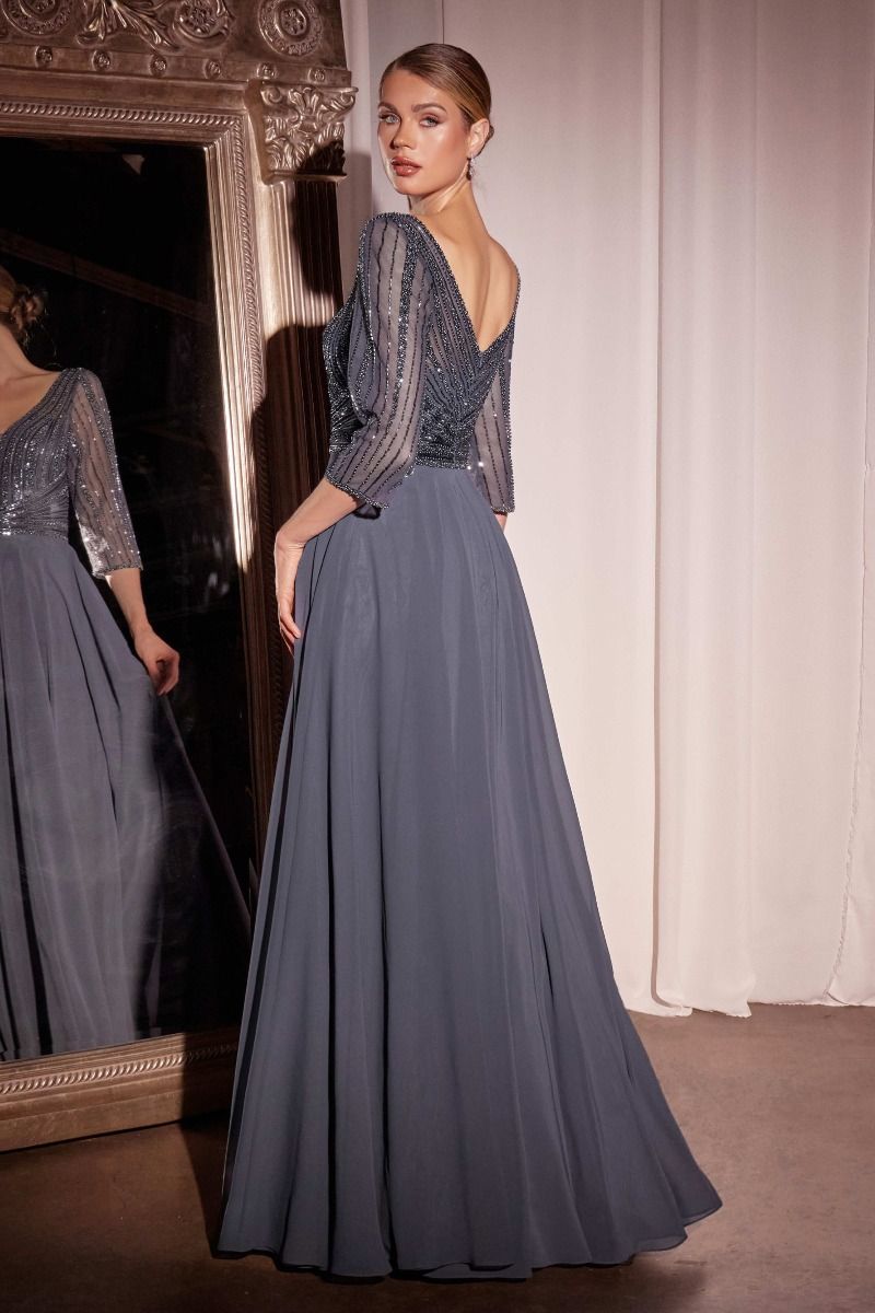 Three Quarter Sleeve Beaded Chiffon Dress (CC446)