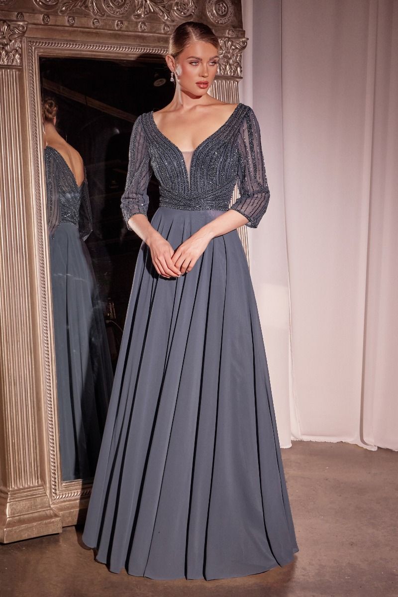 Three Quarter Sleeve Beaded Chiffon Dress (CC446)