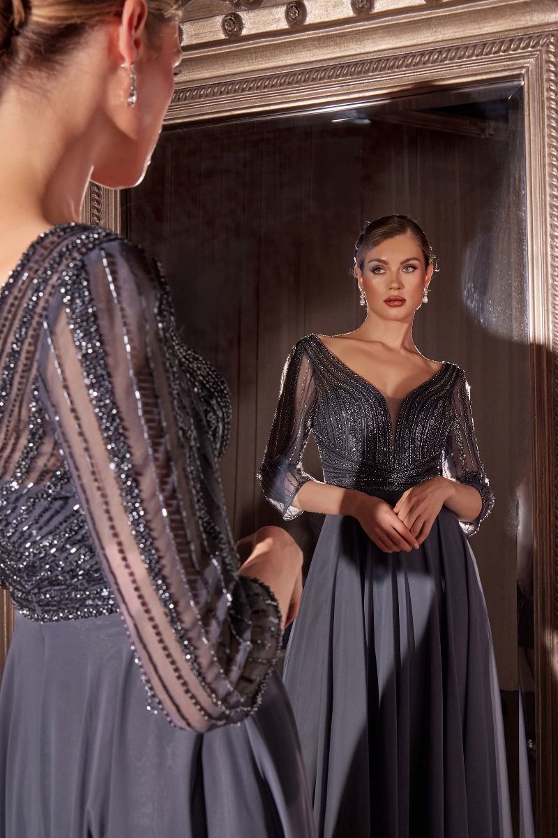 Three Quarter Sleeve Beaded Chiffon Dress (CC446)