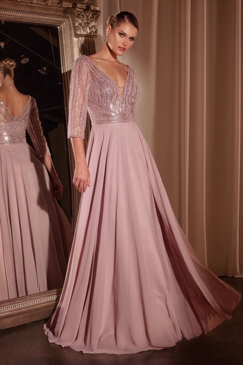 Three Quarter Sleeve Beaded Chiffon Dress (CC446)