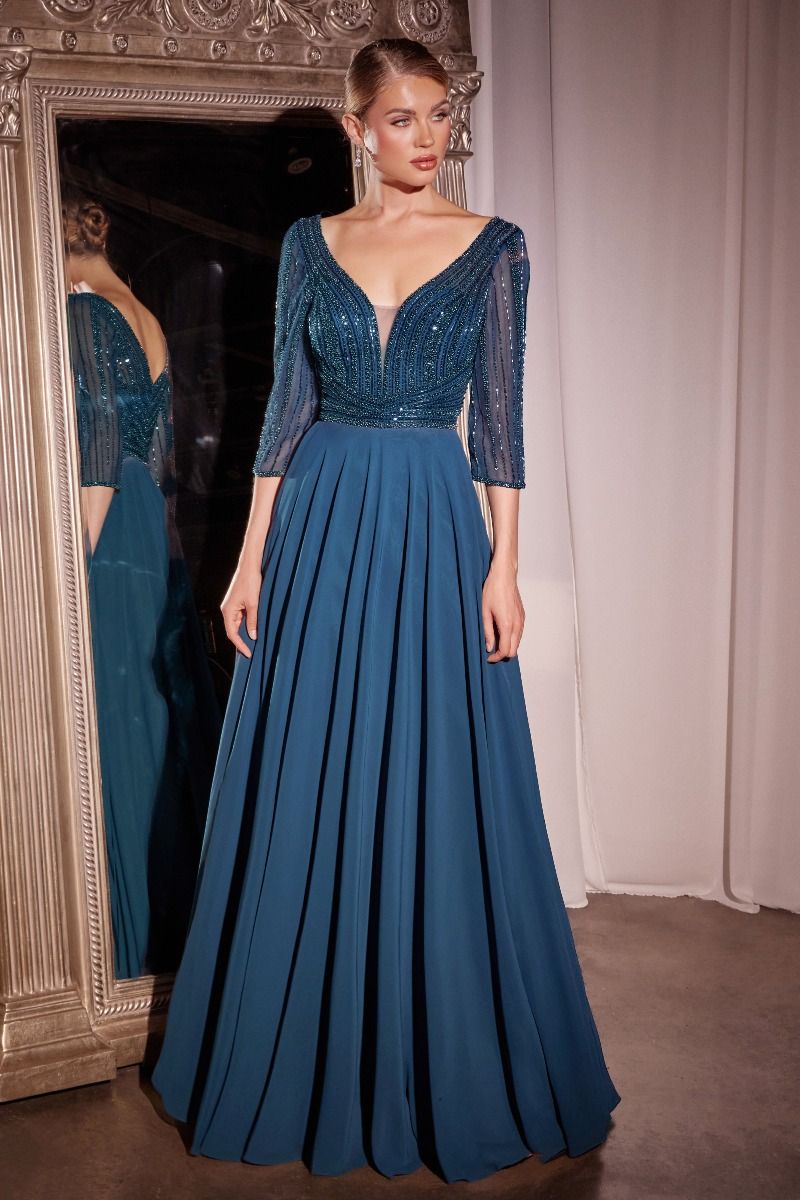 Three Quarter Sleeve Beaded Chiffon Dress (CC446)