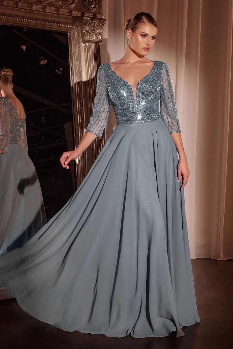 Three Quarter Sleeve Beaded Chiffon Dress (CC446)