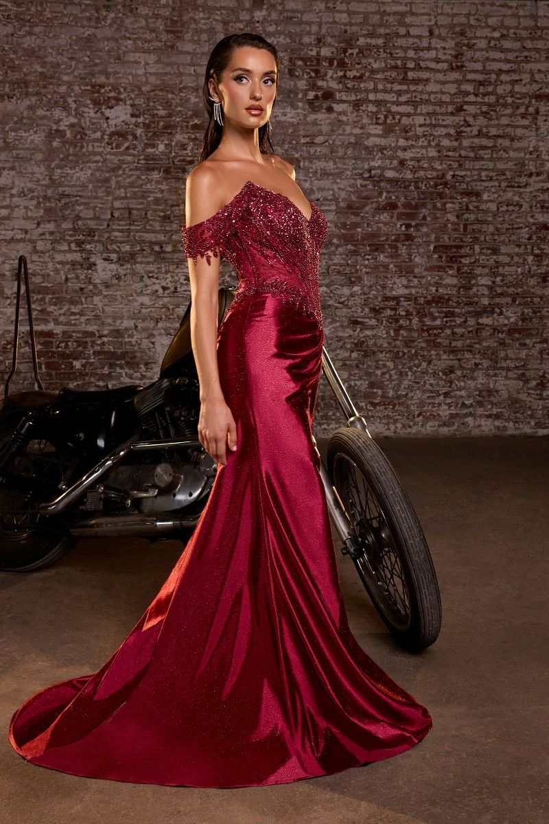Embellished Lace Corset Bodice Off Shoulder Fitted Gown (CC456)