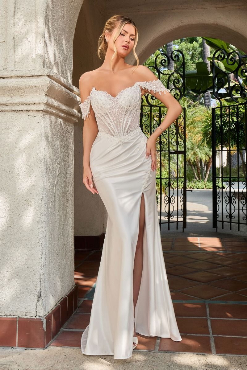 Off-the-Shoulder Beaded Corset Wedding Gown with High Slit (CC456W) Off-White / 16
