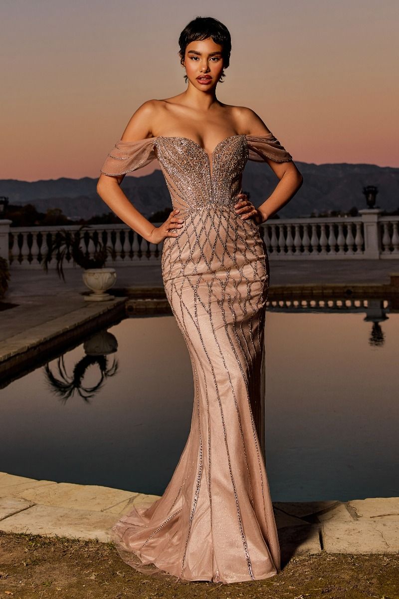 Radiant Sweetheart Off the Shoulder Beaded Corset with Fit and Flare Gown (CC477)