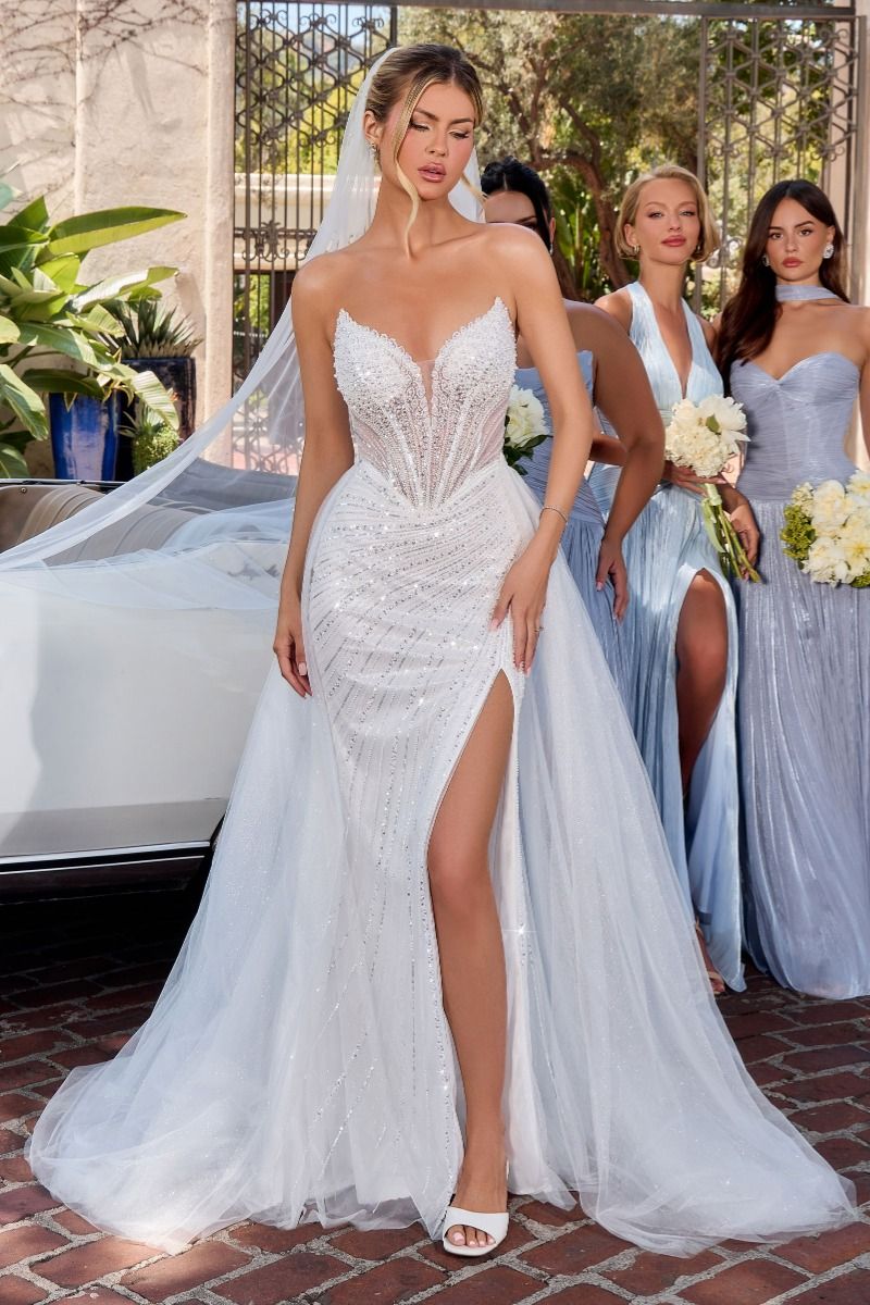 Crystal-Beaded Strapless Corset Wedding Gown with Detachable Overskirt (CC492W)