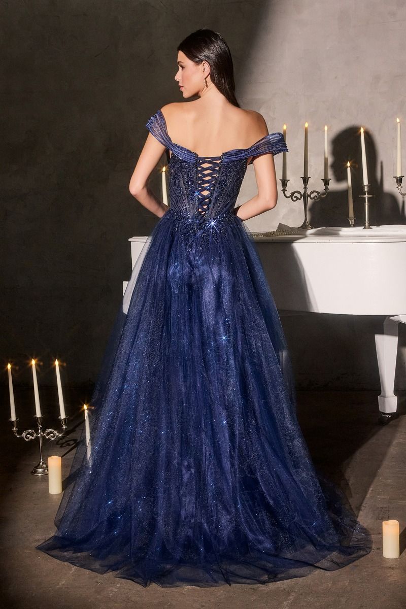 Opulent Off the Shoulder Beaded Corset with Glitter Tulle Gown (CC493)