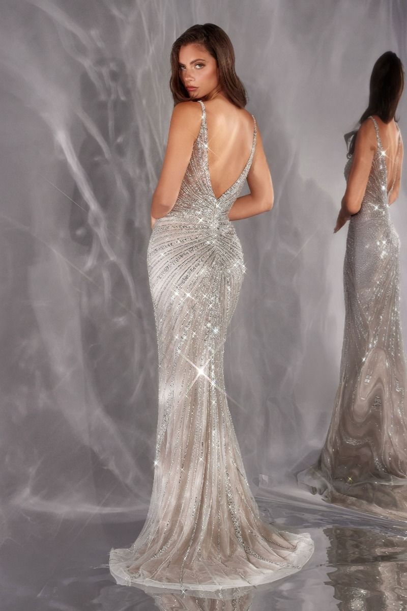Radiant Crystal-Beaded V-Neck Gown with High Slit (CC498)