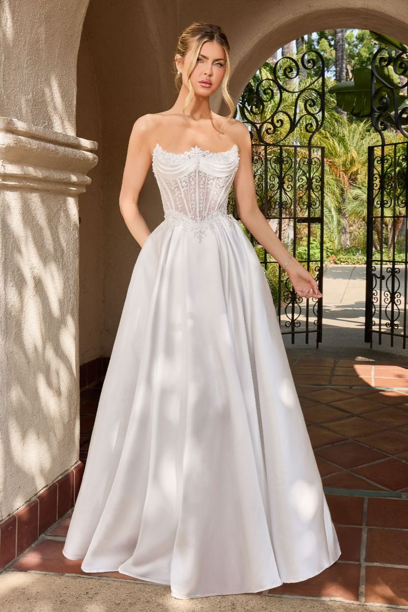 white wedding dress corset Romantic Strapless Satin A-Line Gown with Illusion Bodice (CC511W) Off-White / 2 Trouser Size:32 Papermoon Yellow Satin Slip Midi creating a clean