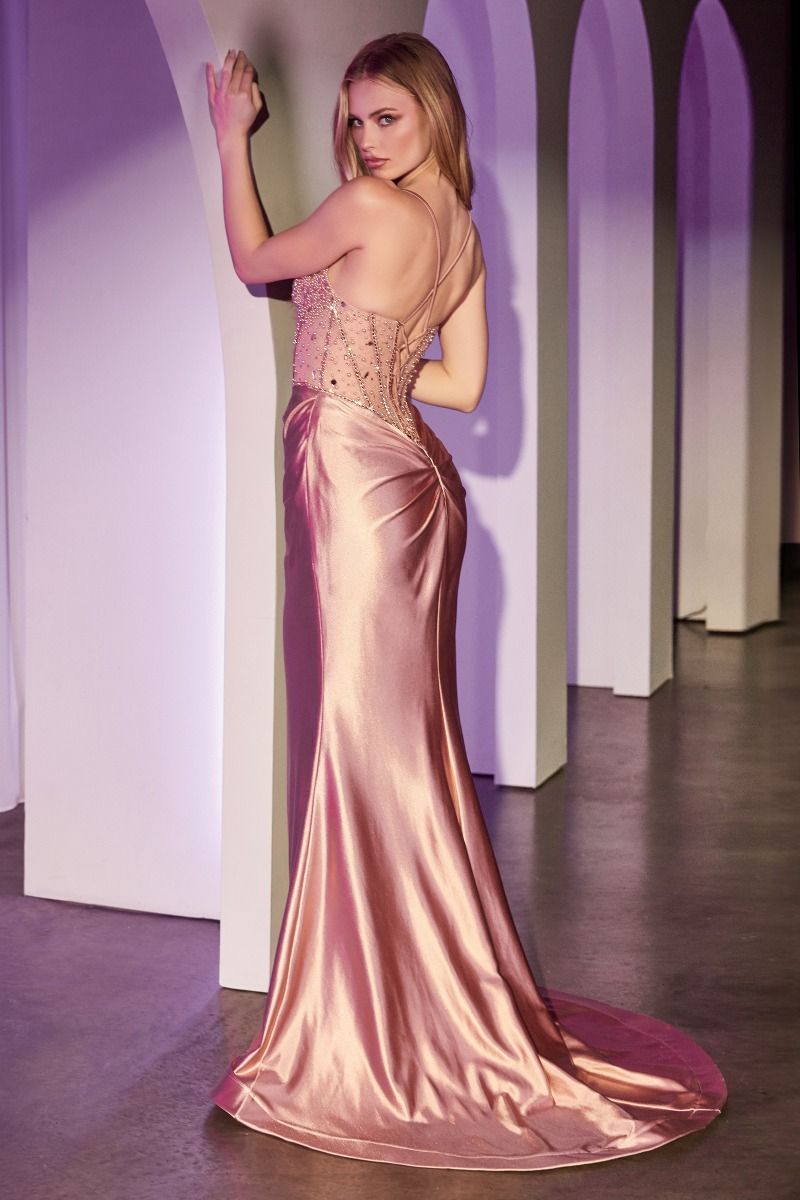 Fitted Satin Dress With Beaded Bodice (CC8884)