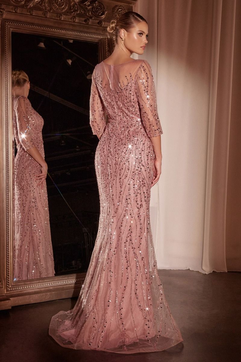 Refined High Neck Sequin Tulle Mermaid Gown with Three Quarter Sleeves (CD0105)