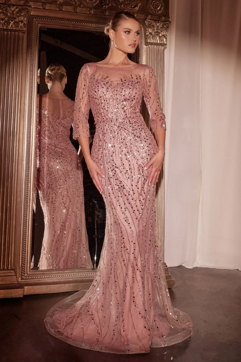 Refined High Neck Sequin Tulle Mermaid Gown with Three Quarter Sleeves (CD0105)