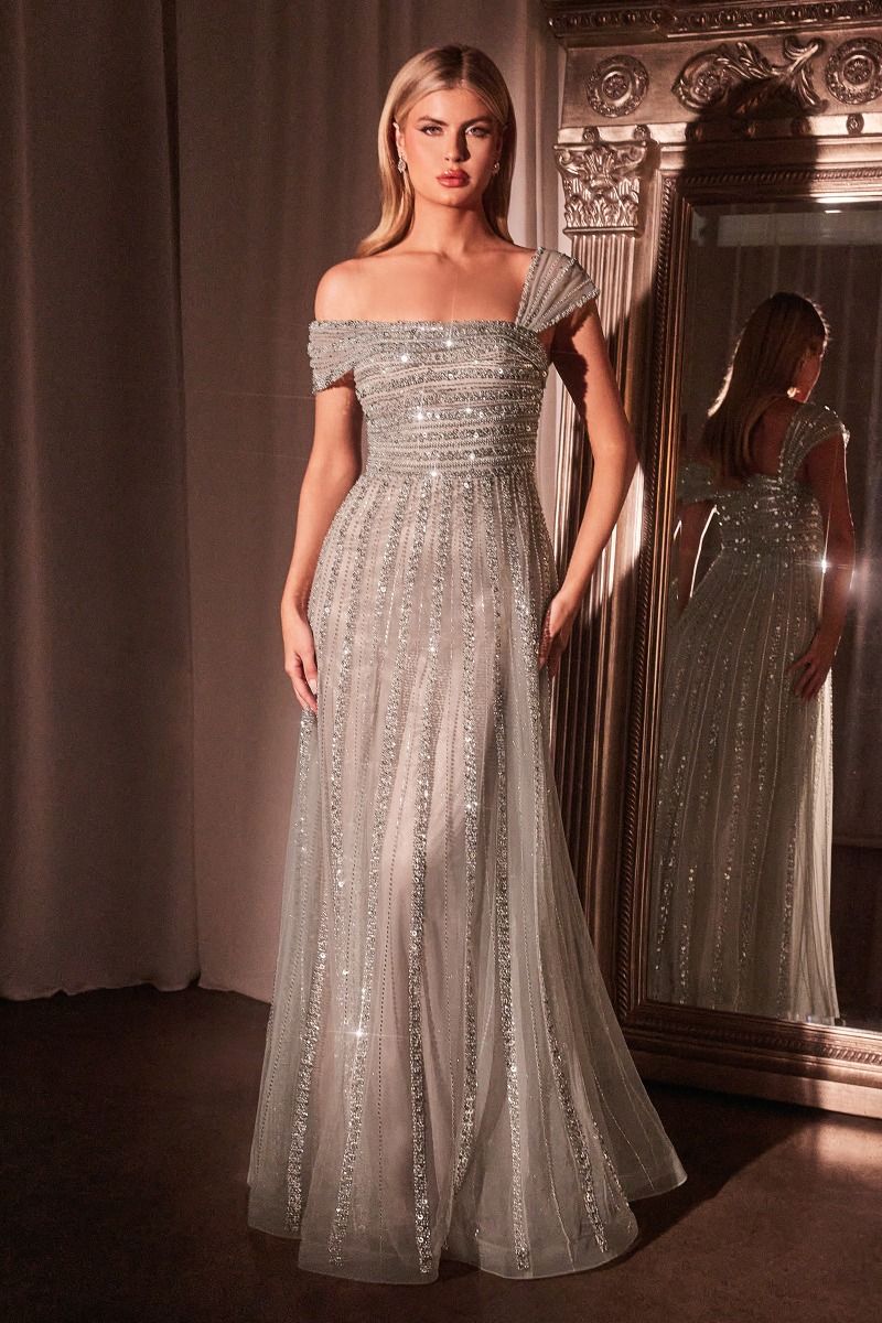 Asymmetrical Off The Shoulder A-Line Beaded Gown (CD0238) Silver-Nude / 18