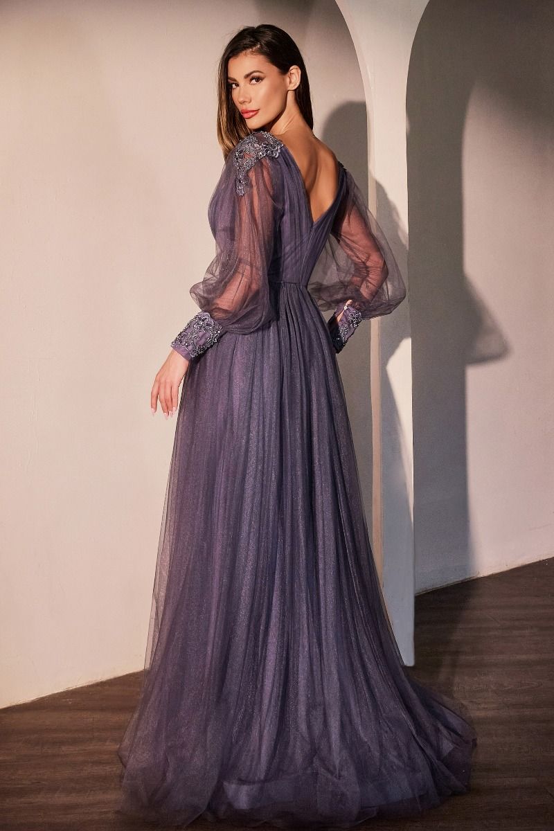 Elegant V-Neck Long Sleeve Lace Tulle A-Line Gown Structured Bodice (CD0938)
