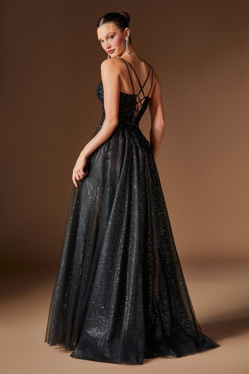 Glitter Appliqué A-Line Gown with V-Neckline and Leg Slit (CD2412)