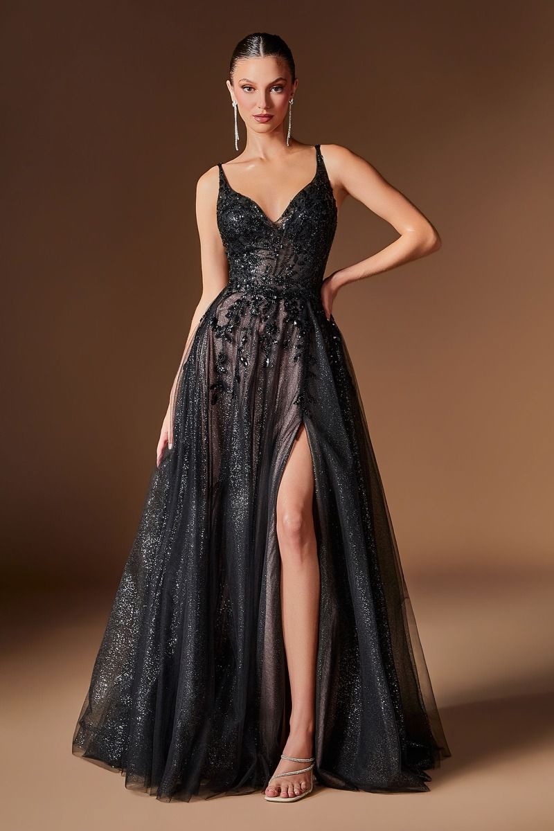 black glitter slit dress Appliqué A-Line Gown with V-Neckline and Leg (CD2412) Black-Nude / 12 尺寸:S Style_Stretch Verona Sheer Mesh Top perfect for prom or