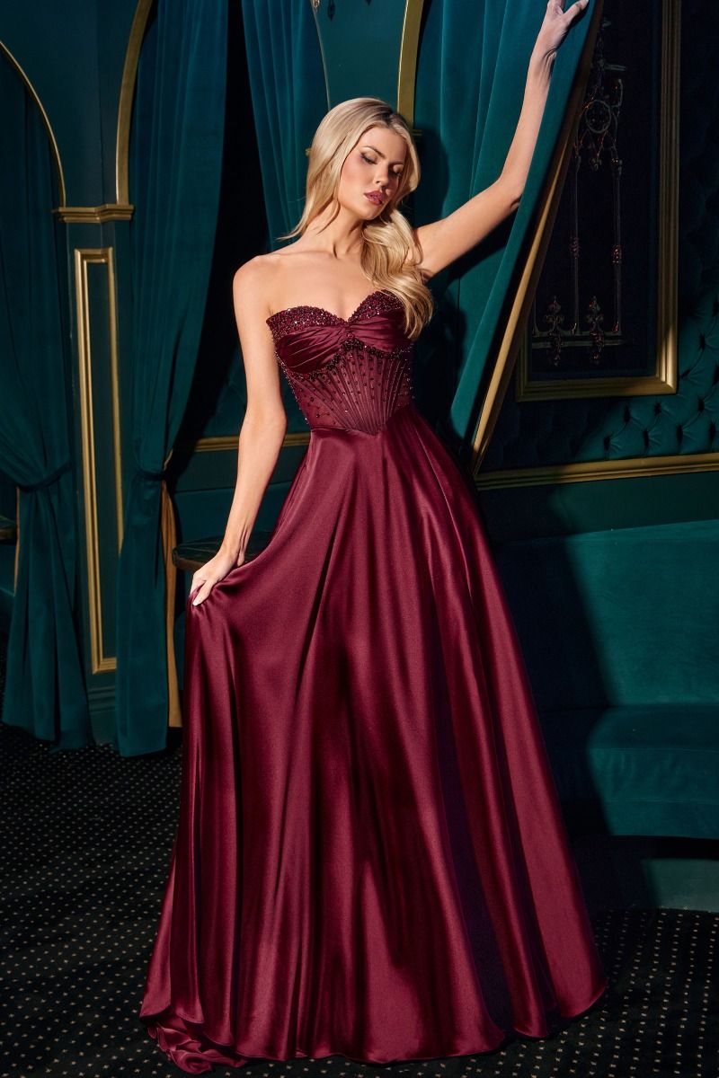 Strapless Beaded Satin A-Line Dress (CD297)