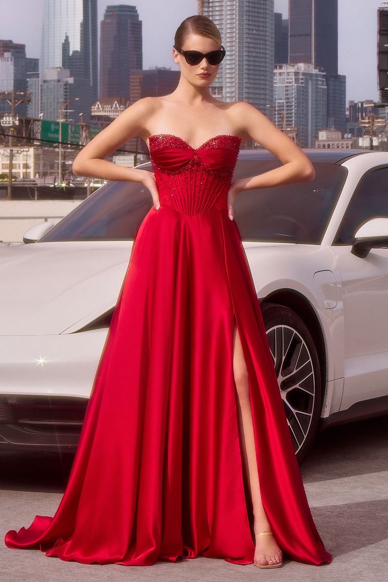 Strapless Beaded Satin A-Line Dress (CD297)