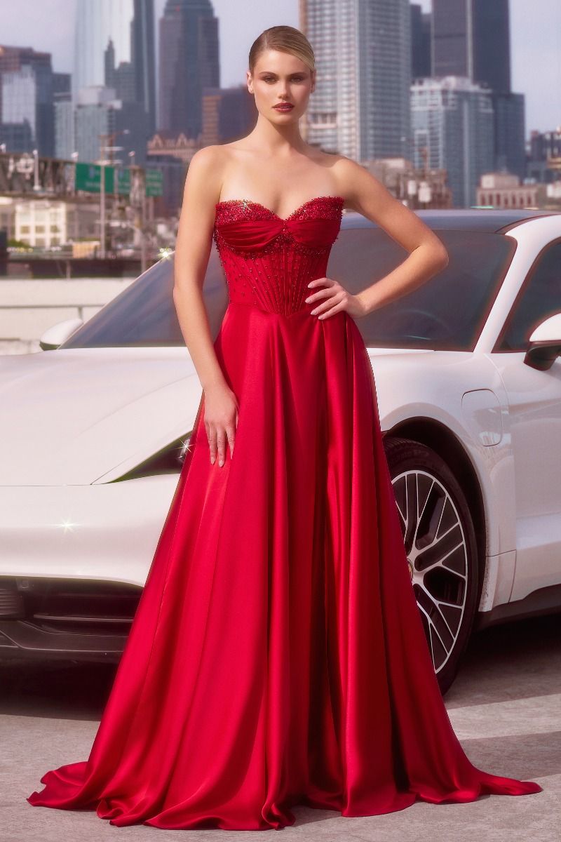 Strapless Beaded Satin A-Line Dress (CD297)