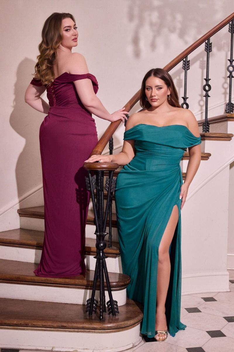 Refined Off the Shoulder Ruched Corset with Fitted Mesh Gown Slit (CD387C)