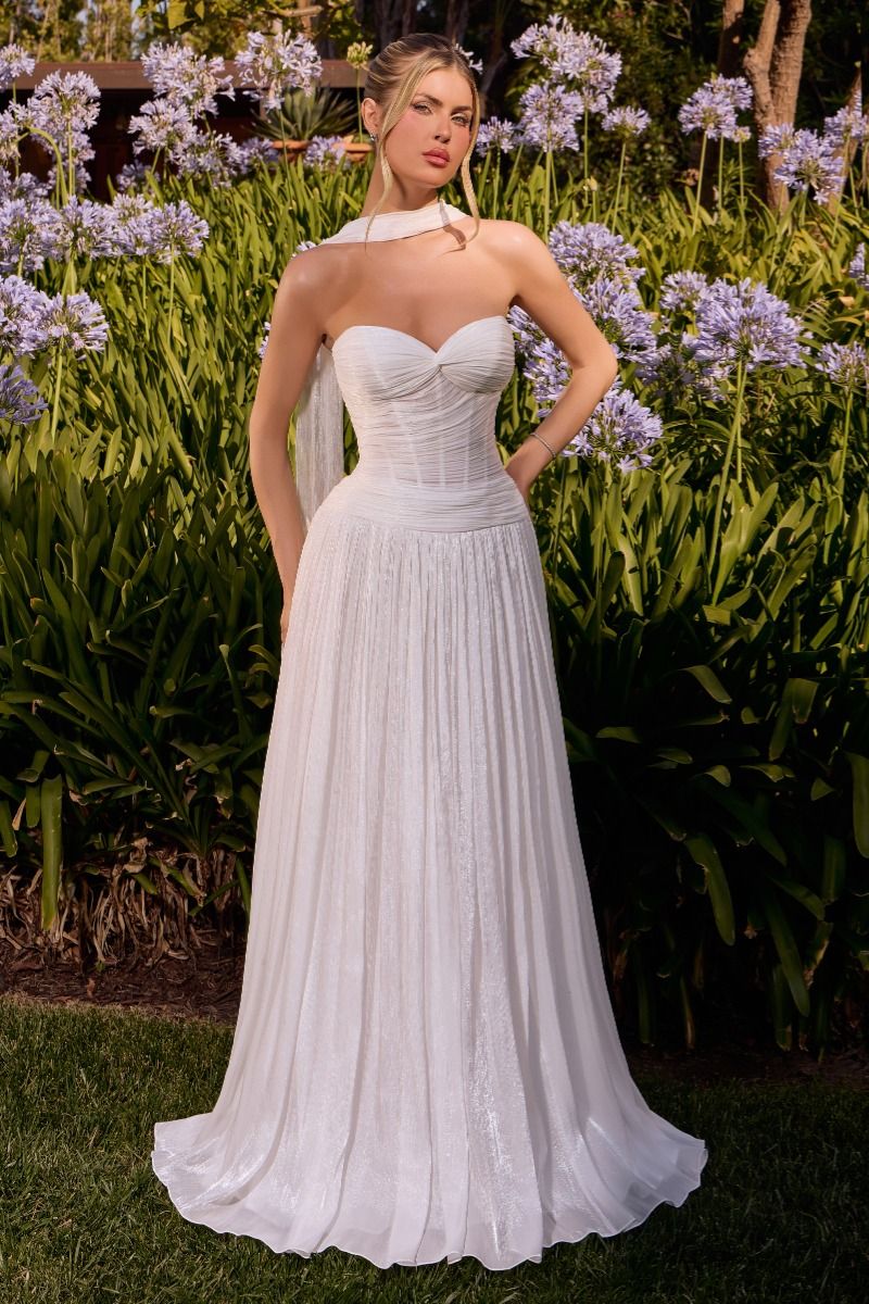 Strapless Ruched Corset A-Line Wedding Dress with Scarf Detail (CD414W) Off-White / 4