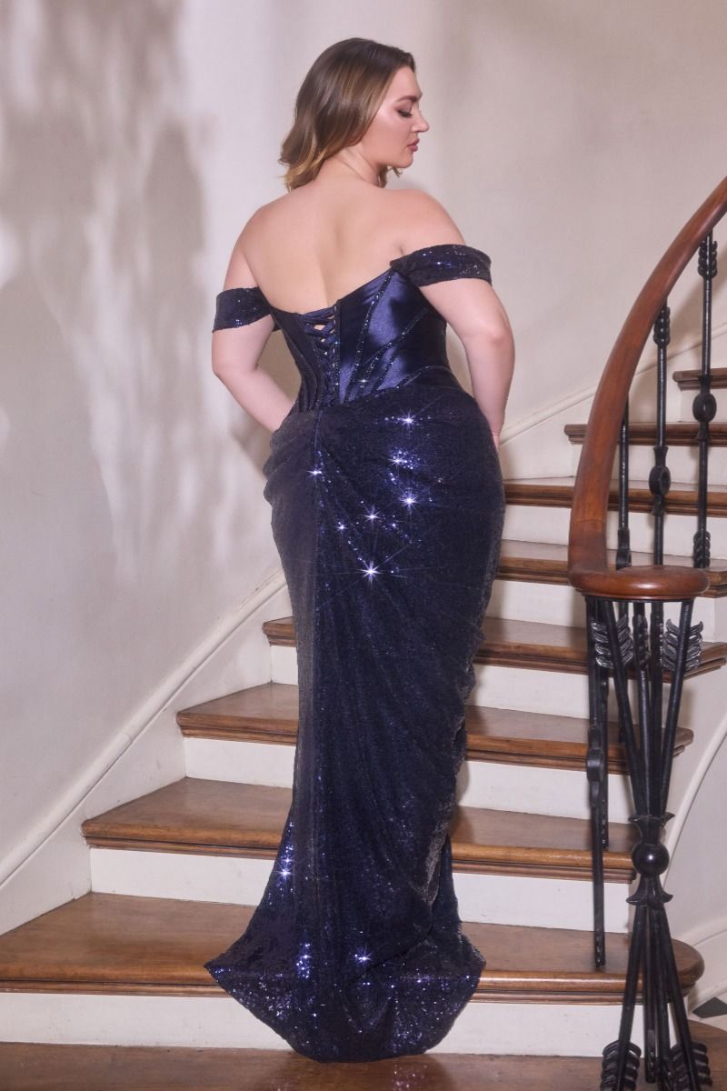 Opulent Off the Shoulder Satin Corset Sequin Gown (CD422C)